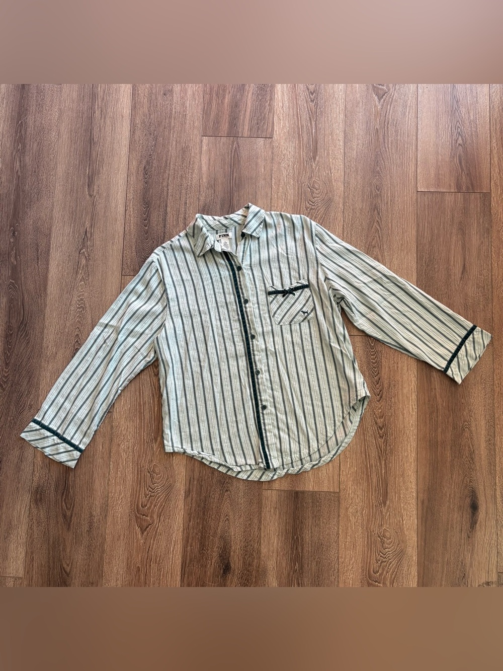 Victoria's Secret PINK Striped Light Green Button-Up Sleep Shirt Medium